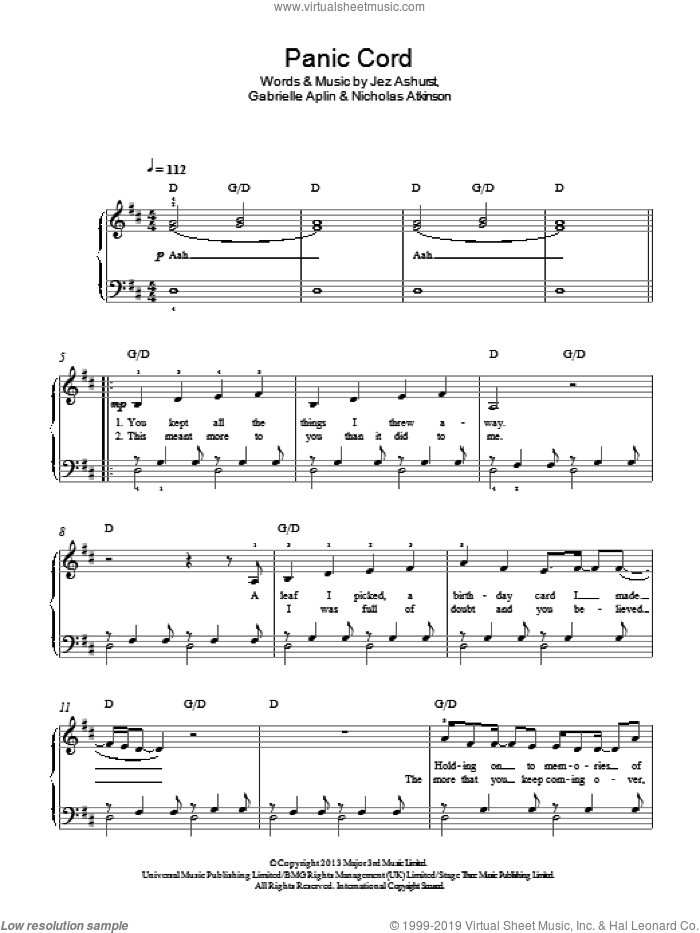 Panic Cord sheet music for piano solo by Gabrielle Aplin, Jez Ashurst and Nicholas Atkinson, easy skill level