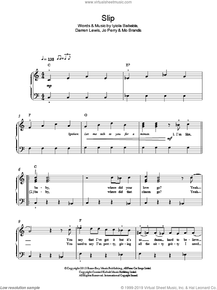 Slip sheet music for piano solo by Stooshe, Darren Lewis, Iyiola Babalola, Jo Perry and Mo Brandis, easy skill level