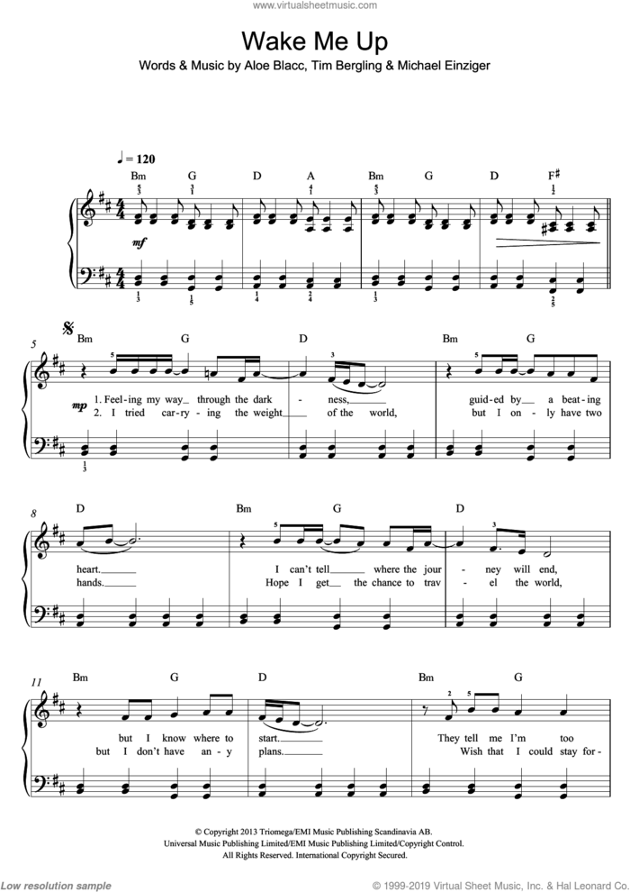 Wake Me Up, (easy) sheet music for piano solo by Avicii, Aloe Blacc, Michael Einziger and Tim Bergling, easy skill level