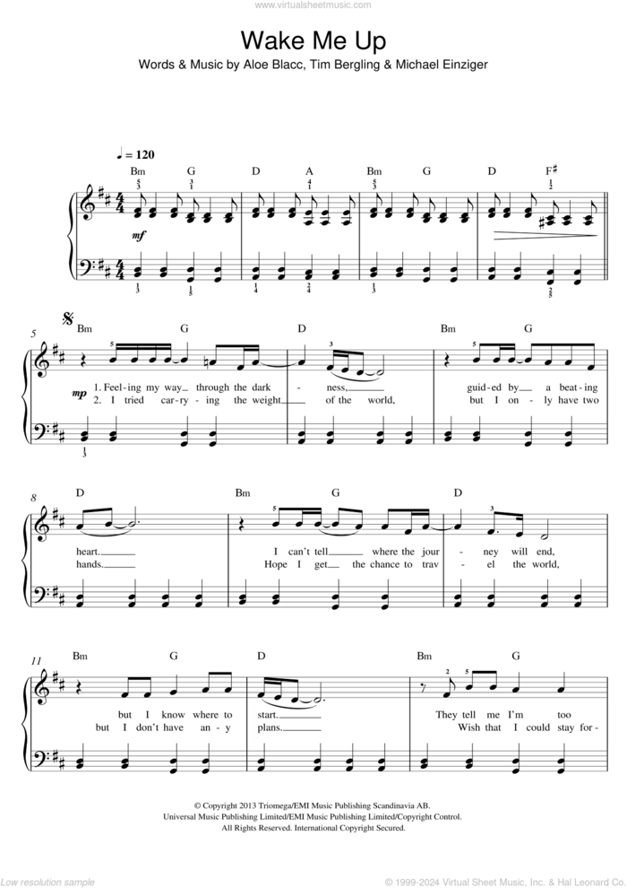 Wake Me Up, (easy) sheet music for piano solo by Avicii, Aloe Blacc, Michael Einziger and Tim Bergling, easy skill level