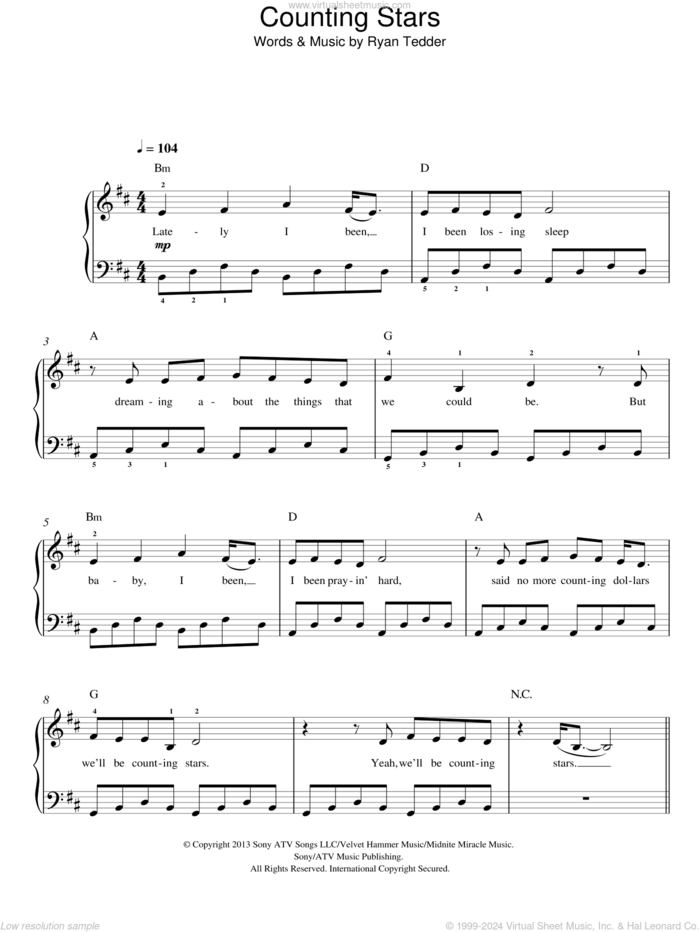 Counting Stars, (easy) sheet music for piano solo by OneRepublic and Ryan Tedder, easy skill level