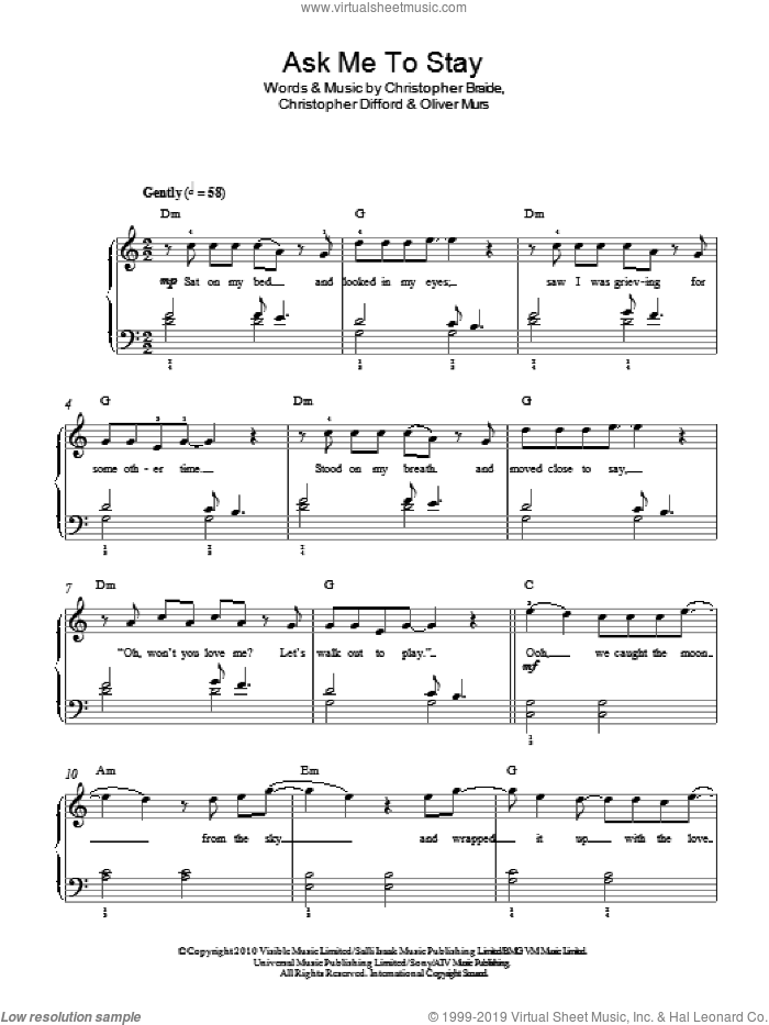 Ask Me To Stay sheet music for piano solo by Olly Murs, Chris Braide, Christopher Difford and Oliver Murs, easy skill level