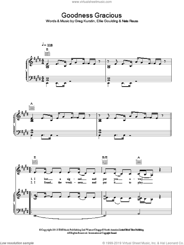 Goodness Gracious sheet music for voice, piano or guitar by Ellie Goulding, Greg Kurstin and Nate Reuss, intermediate skill level