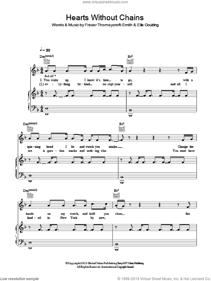 Hearts Without Chains sheet music for voice, piano or guitar by Ellie Goulding and Fraser Thorneycroft-Smith, intermediate skill level
