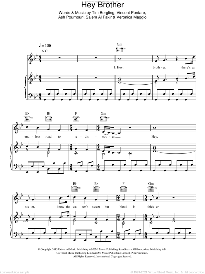 Hey Brother sheet music for voice, piano or guitar by Avicii, Ash Pournouri, Salem Al Fakir, Tim Bergling, Veronica Maggio and Vincent Pontare, intermediate skill level
