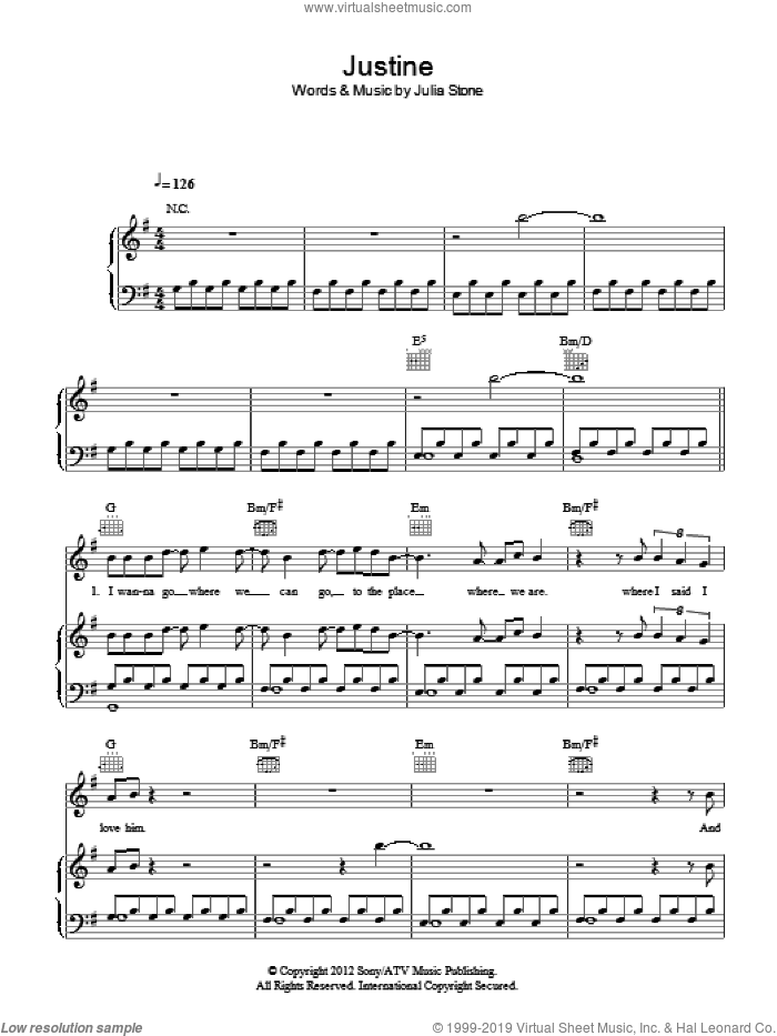 Justine sheet music for voice, piano or guitar by Julia Stone, intermediate skill level
