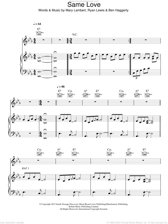 Same Love sheet music for voice, piano or guitar by Macklemore & Ryan Lewis, Ben Haggerty, Macklemore & Ryan Lewis, Mary Lambert and Ryan Lewis, intermediate skill level