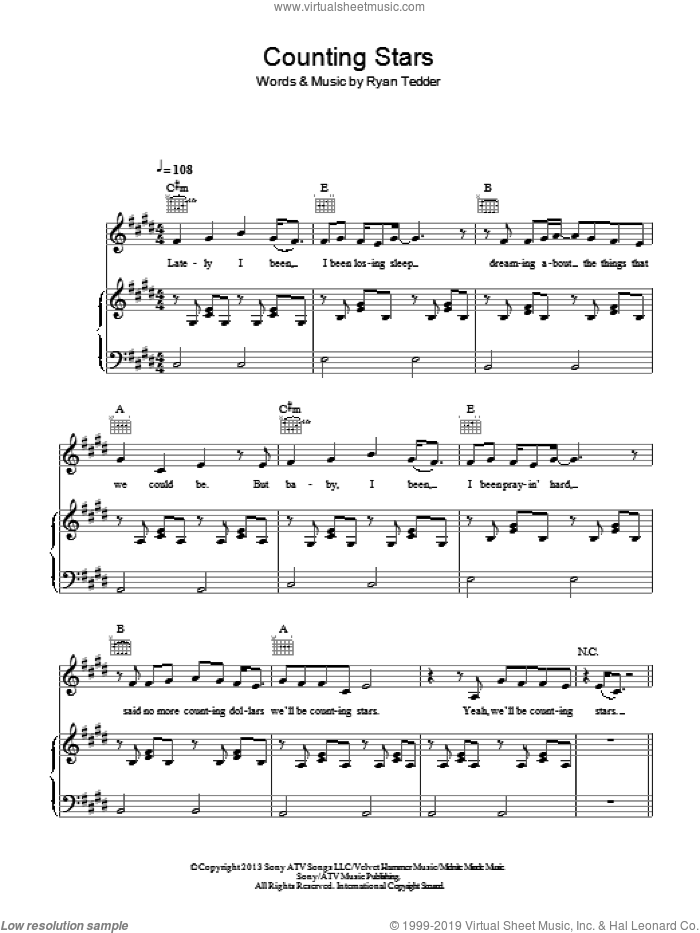 Counting Stars sheet music for voice, piano or guitar by OneRepublic and Ryan Tedder, intermediate skill level