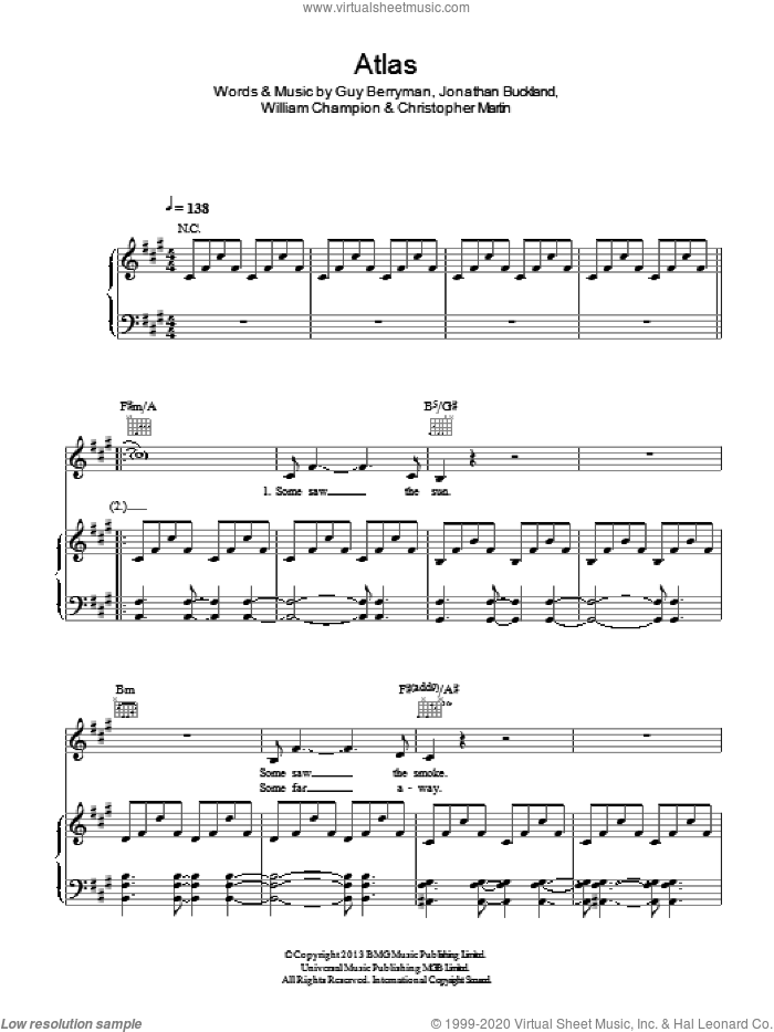 Atlas sheet music for voice, piano or guitar by Coldplay, Christopher Martin, Guy Berryman, Jonathan Buckland and William Champion, intermediate skill level