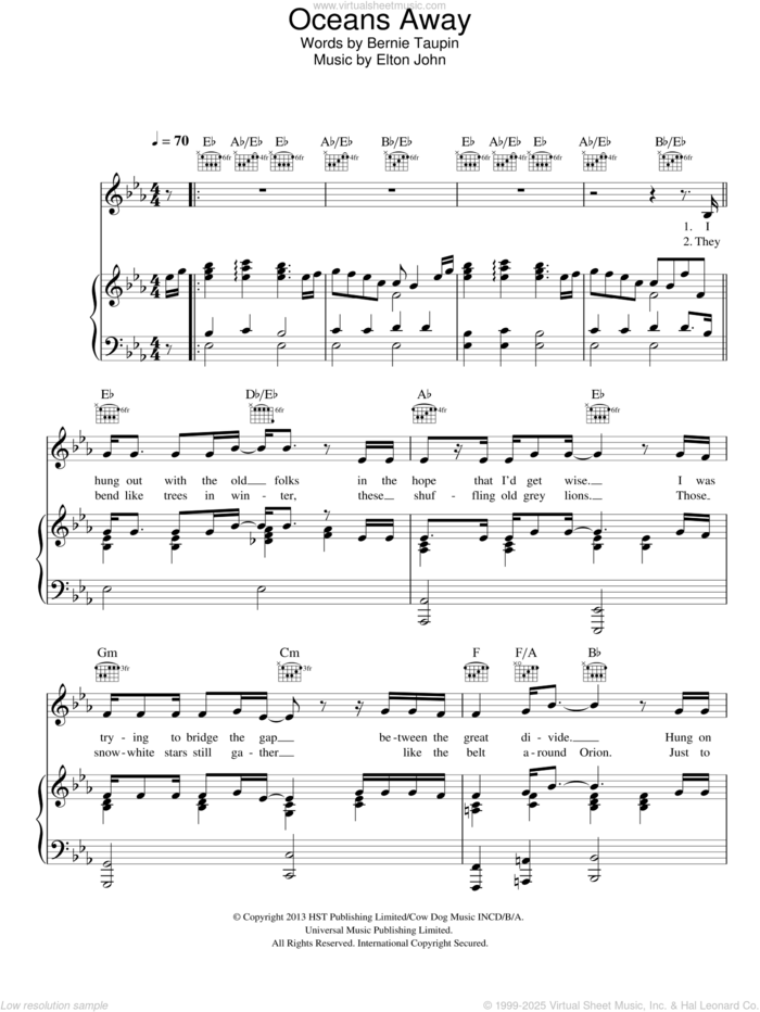 Oceans Away sheet music for voice, piano or guitar by Elton John and Bernie Taupin, intermediate skill level