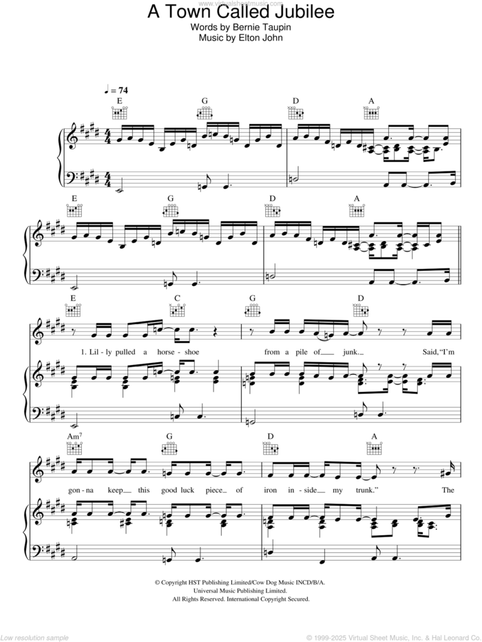 A Town Called Jubilee sheet music for voice, piano or guitar by Elton John and Bernie Taupin, intermediate skill level