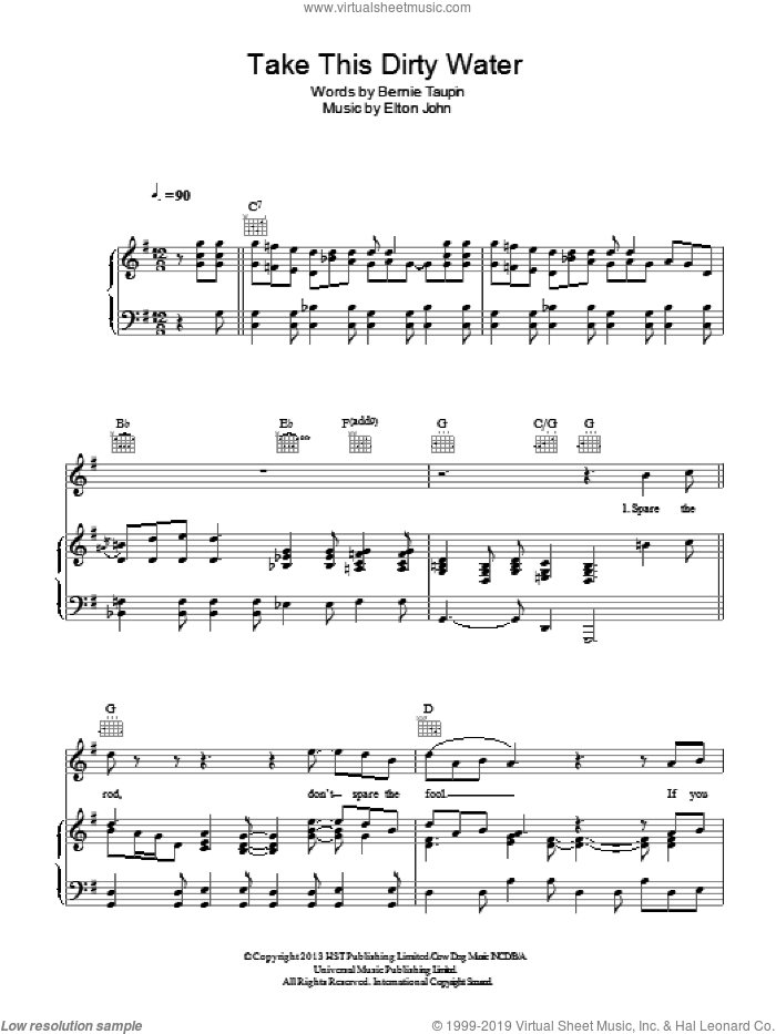 Take This Dirty Water sheet music for voice, piano or guitar by Elton John and Bernie Taupin, intermediate skill level