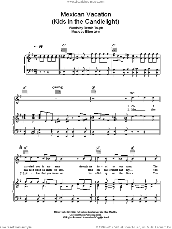 Mexican Vacation sheet music for voice, piano or guitar by Elton John and Bernie Taupin, intermediate skill level