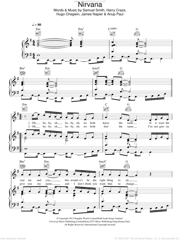 Nirvana sheet music for voice, piano or guitar by Sam Smith, Anup Paul, Harry Craze, Hugo Chegwin, James Napier and Samuel Smith, intermediate skill level