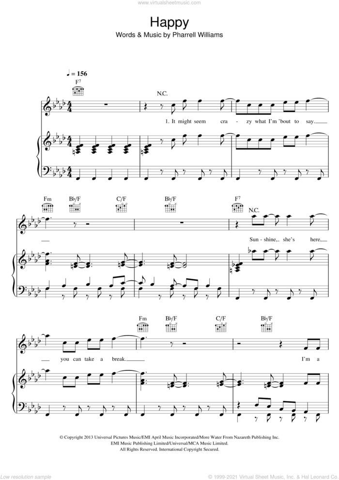 Happy sheet music for voice, piano or guitar by Pharrell Williams, intermediate skill level