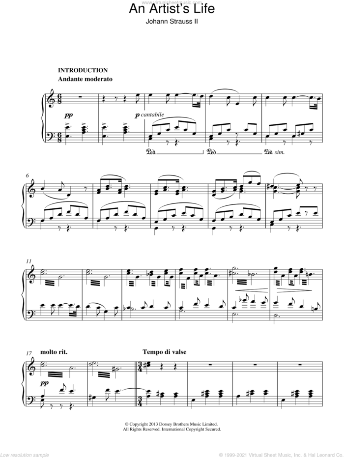 Artist's Life sheet music for piano solo by Johann Strauss, Jr., classical score, intermediate skill level