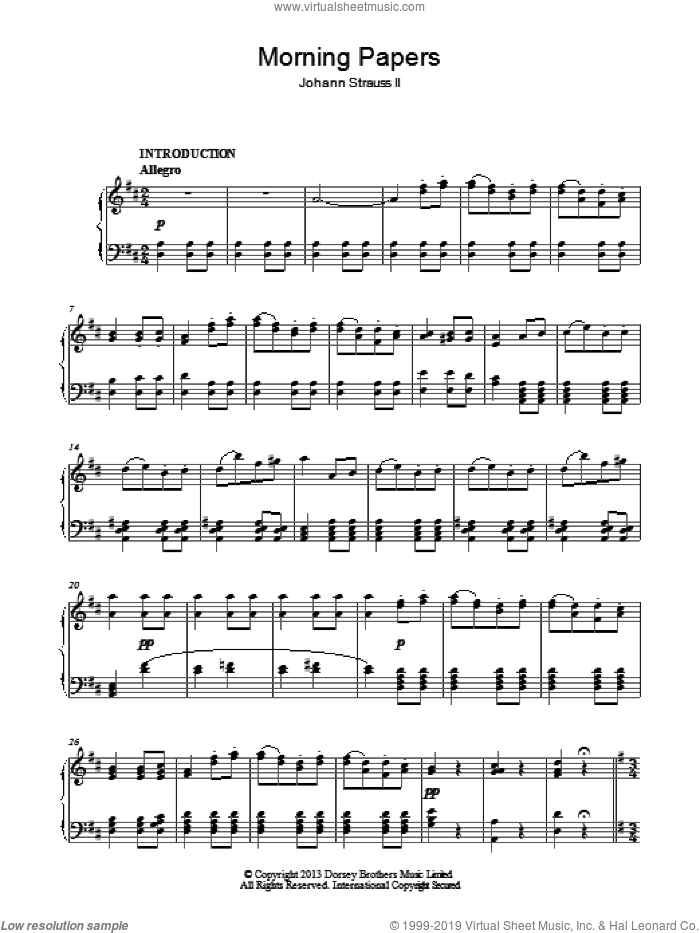 Morning Papers sheet music for piano solo by Johann Strauss, Jr., classical score, intermediate skill level