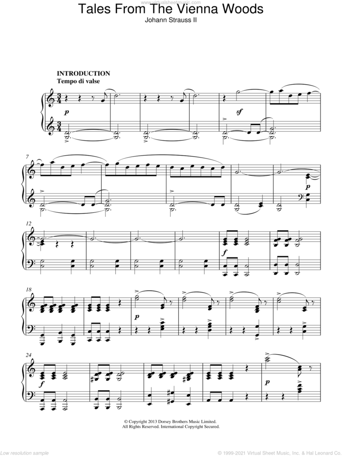 Tales From The Vienna Woods, (intermediate) sheet music for piano solo by Johann Strauss, Jr., classical score, intermediate skill level