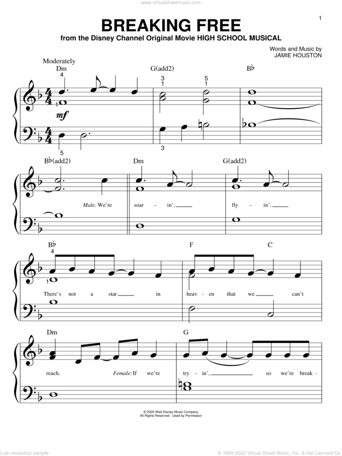 Breaking Free (from High School Musical) sheet music for piano solo (big note book) by Jamie Houston, High School Musical and Zac Efron and Vanessa Anne Hudgens, easy piano (big note book)