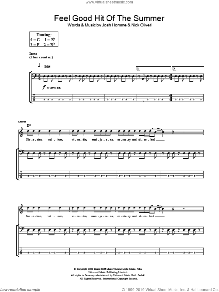Feel Good Hit Of The Summer sheet music for bass (tablature) (bass guitar) by Queens Of The Stone Age, Josh Homme and Nick Oliveri, intermediate skill level