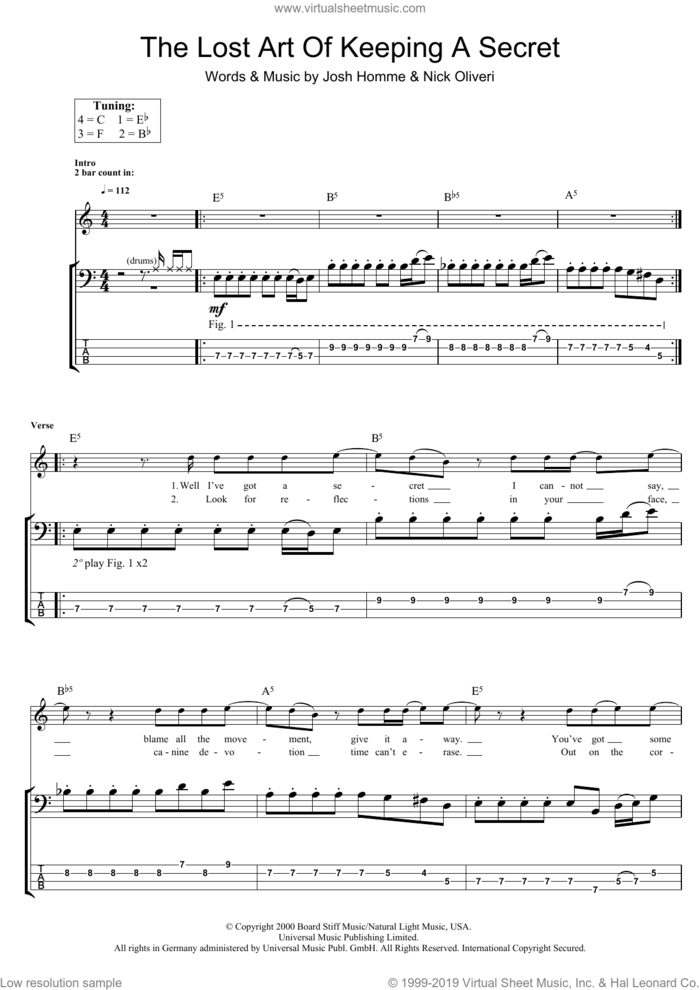 The Lost Art Of Keeping A Secret sheet music for bass (tablature) (bass guitar) by Queens Of The Stone Age, Josh Homme and Nick Oliveri, intermediate skill level