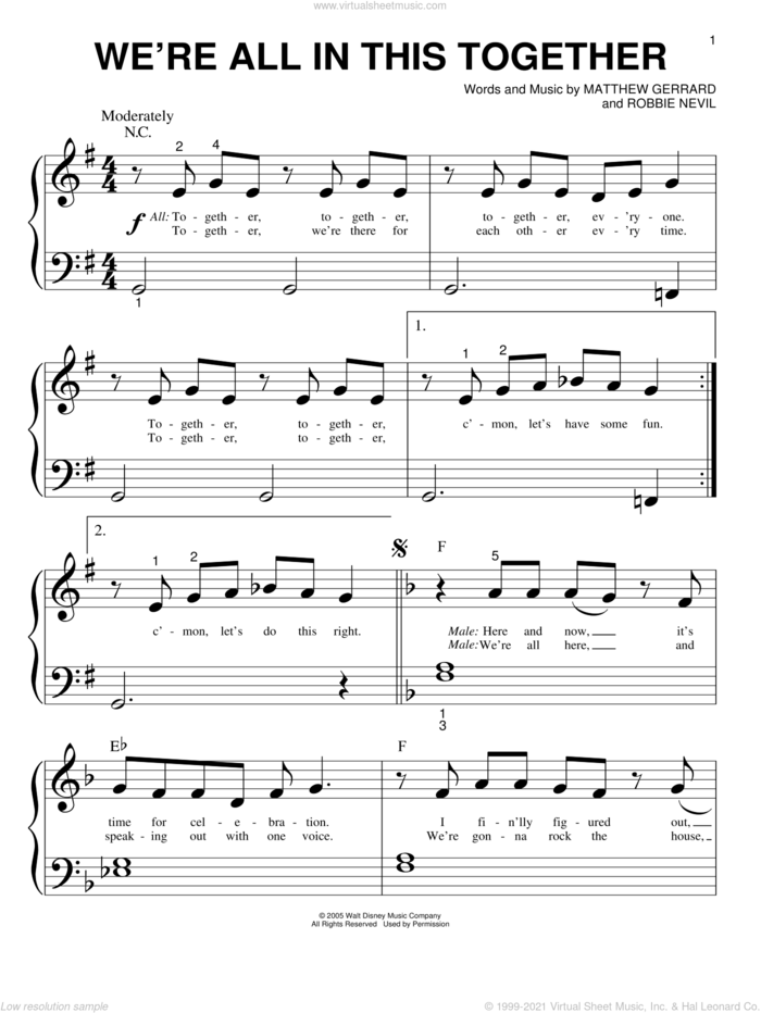 We're All In This Together (from High School Musical) sheet music for piano solo (big note book) by High School Musical Cast, High School Musical, Matthew Gerrard and Robbie Nevil, easy piano (big note book)