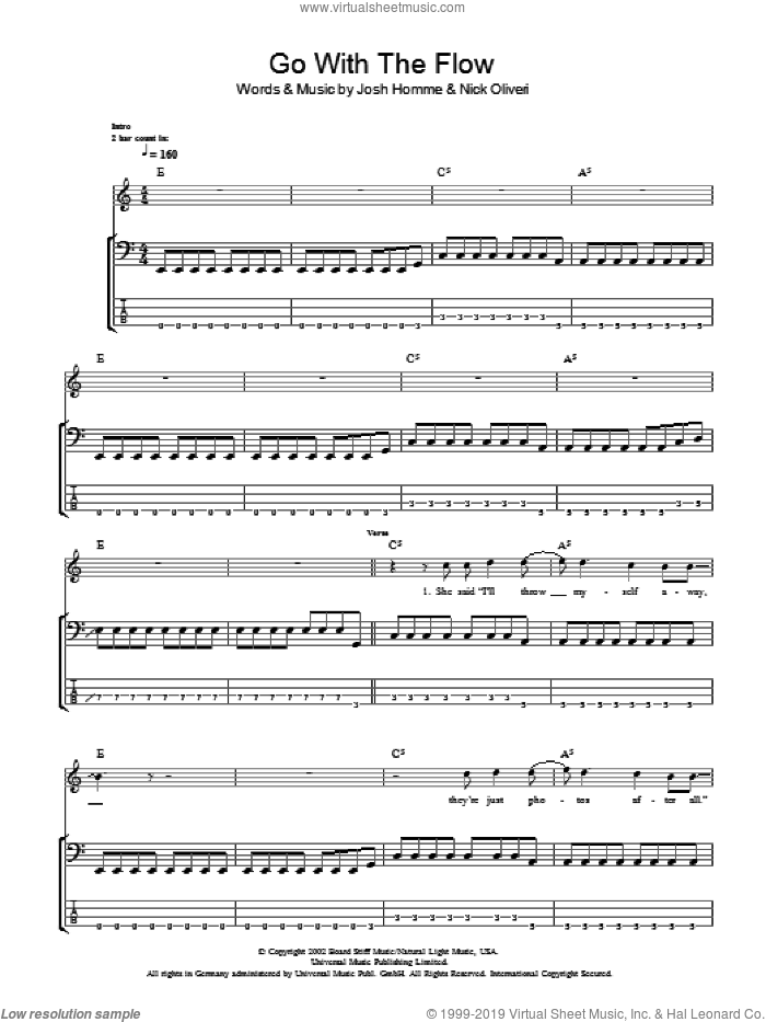 Go With The Flow sheet music for bass (tablature) (bass guitar) by Queens Of The Stone Age, Josh Homme and Nick Oliveri, intermediate skill level
