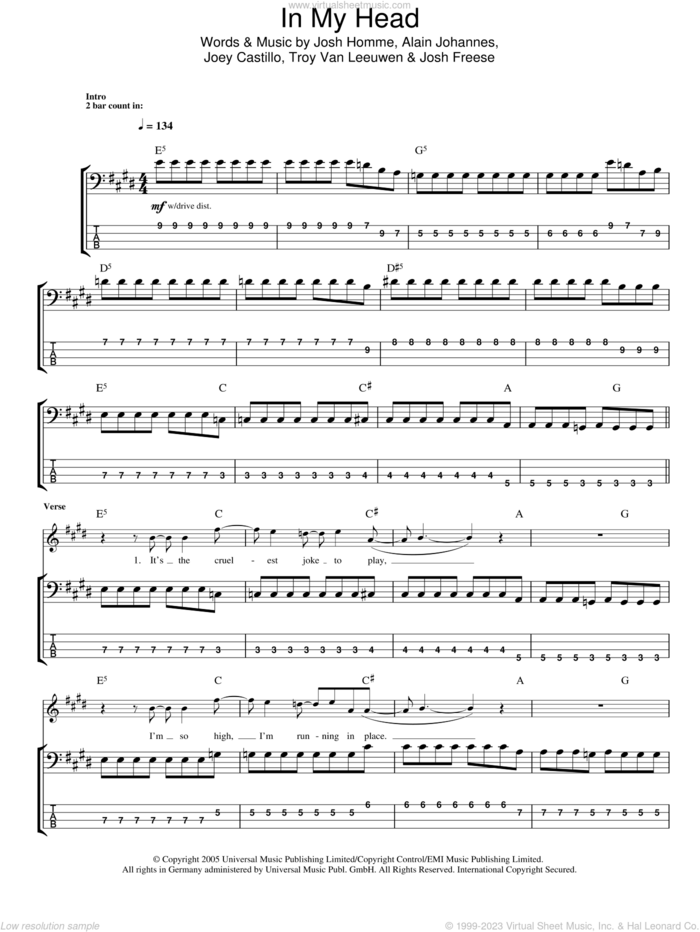 In My Head sheet music for bass (tablature) (bass guitar) by Queens Of The Stone Age, Alain Johannes, Joey Castillo, Josh Freese, Josh Homme and Troy Van Leeuwen, intermediate skill level