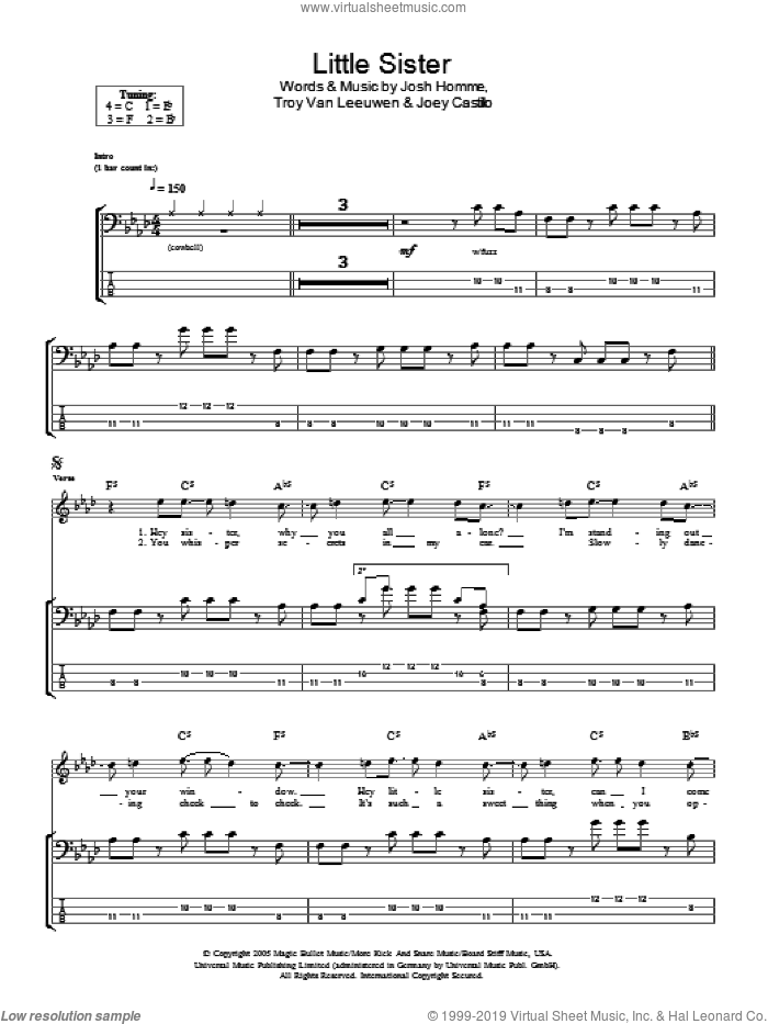 Little Sister sheet music for voice, piano or guitar by Queens Of The Stone Age, Joey Castillo, Josh Homme and Troy Van Leeuwen, intermediate skill level