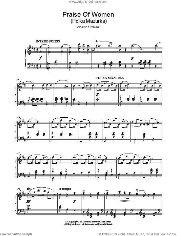 Praise Of Women sheet music for piano solo by Johann Strauss, Jr., classical score, intermediate skill level