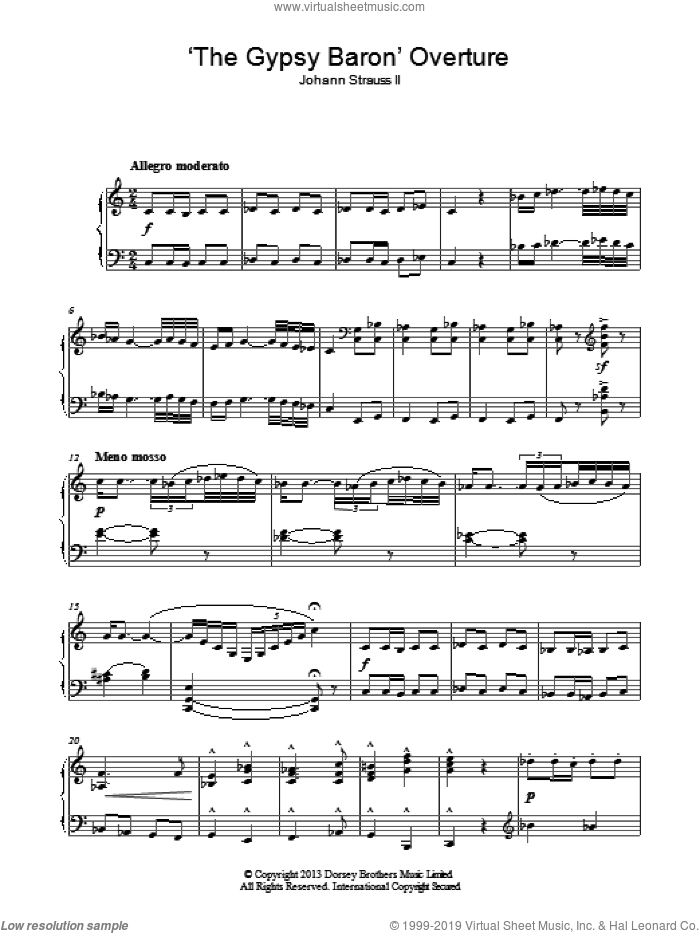 The Gypsy Baron sheet music for piano solo by Johann Strauss, Jr., classical score, intermediate skill level