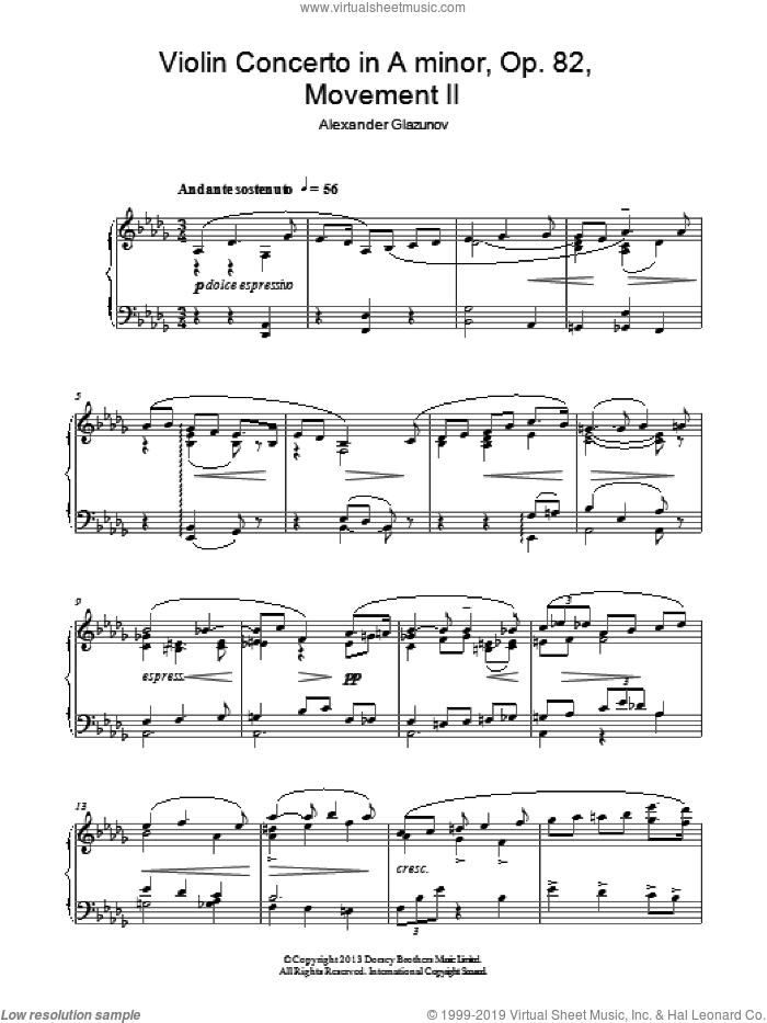 Violin Concerto In A Minor Op. 82, 2nd Movement 'Andante Sostenuto' sheet music for piano solo by Alexander Konstantinovich Glazunov, classical score, intermediate skill level