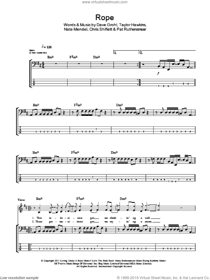 Rope sheet music for bass (tablature) (bass guitar) by Foo Fighters, Chris Shiflett, Dave Grohl, Nate Mendel, Pat Ruthensmear and Taylor Hawkins, intermediate skill level