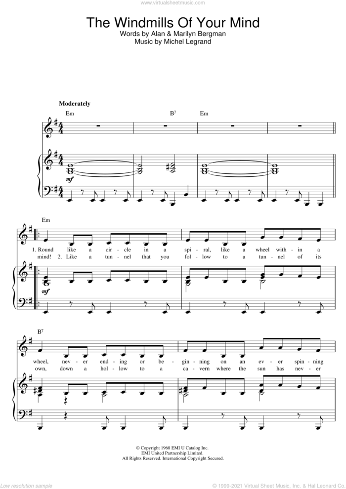 The Windmills Of Your Mind sheet music for voice, piano or guitar by Michel LeGrand, Michael Legrand, Alan, Alan Bergman and Marilyn Bergman, intermediate skill level