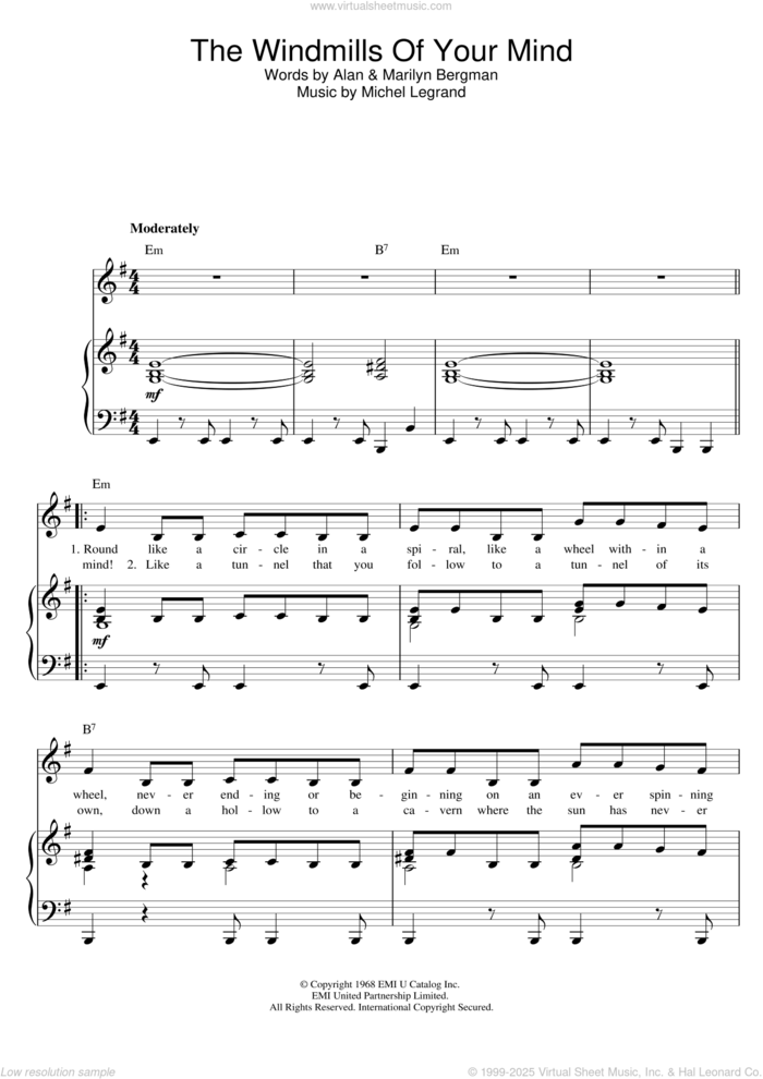 The Windmills Of Your Mind sheet music for voice, piano or guitar by Michel LeGrand, Michael Legrand, Alan, Alan Bergman and Marilyn Bergman, intermediate skill level