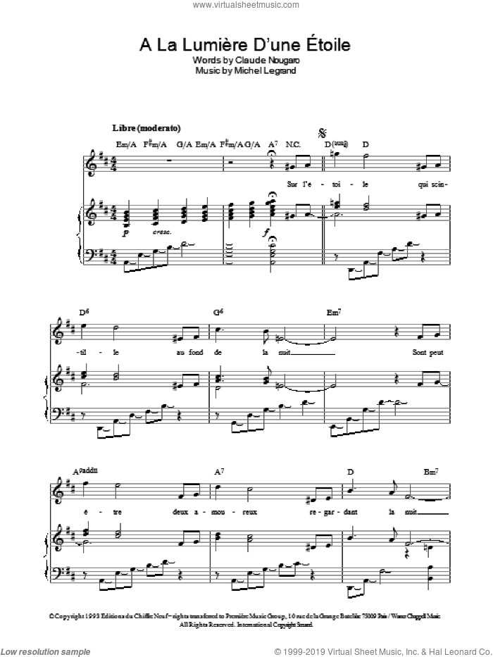A La Lumiere D'une Etoile sheet music for voice, piano or guitar by Michel LeGrand and Claude Nougaro, intermediate skill level