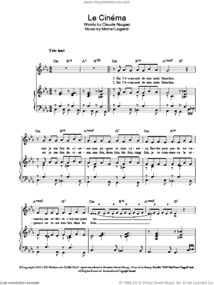 Le Cinema sheet music for voice, piano or guitar by Michel LeGrand and Claude Nougaro, intermediate skill level