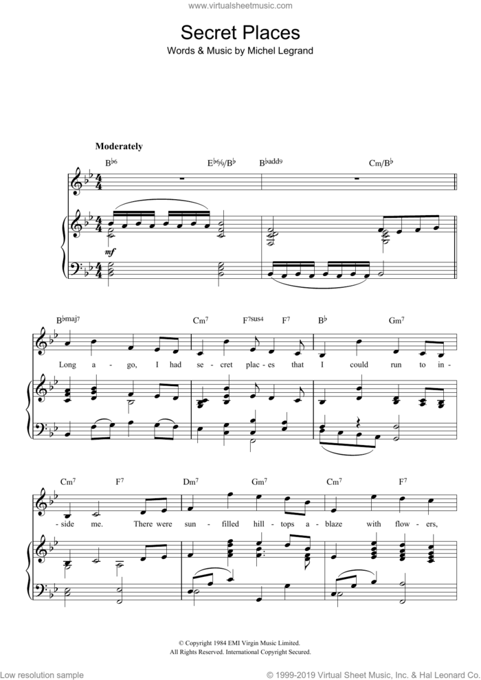Secret Places sheet music for voice, piano or guitar by Michel LeGrand, intermediate skill level