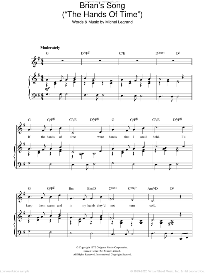 Brian's Song sheet music for voice, piano or guitar by Michel LeGrand, intermediate skill level