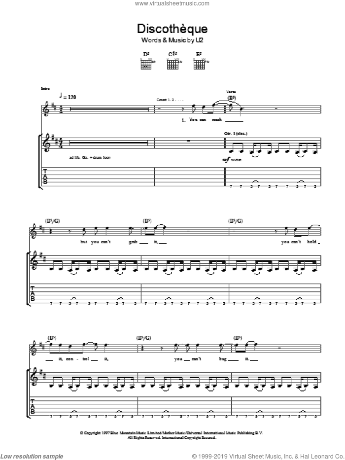 Discotheque sheet music for guitar (tablature) by U2, intermediate skill level