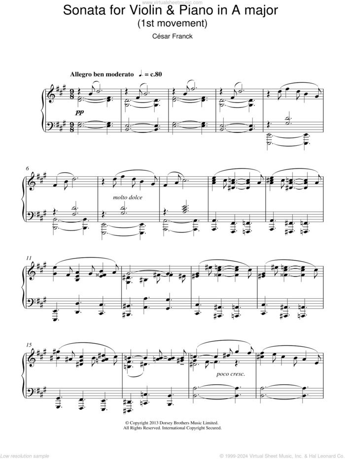 Sonata For Violin and Piano In A Major, 1st Movement sheet music for piano solo by Cesar Franck, classical score, intermediate skill level