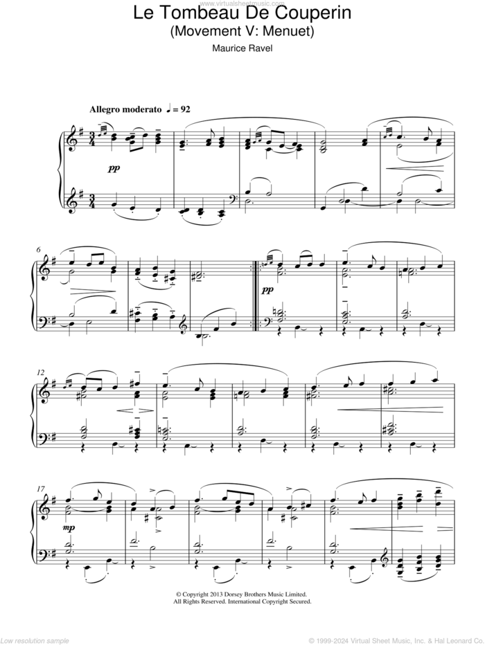 Le Tombeau De Couperin sheet music for piano solo by Maurice Ravel, classical score, intermediate skill level