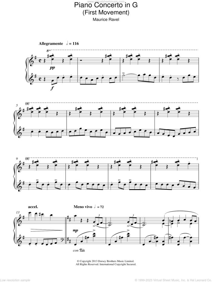 Piano Concerto In G, 1st Movement 'Allegramente' sheet music for piano solo by Maurice Ravel, classical score, intermediate skill level