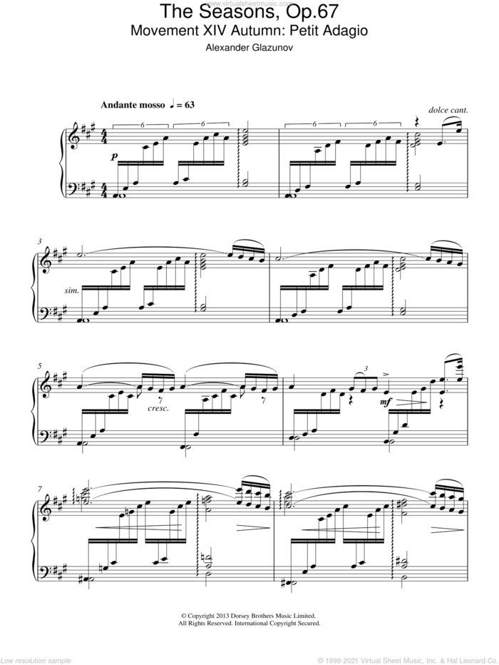 The Seasons Op.67 sheet music for piano solo by Alexander Konstantinovich Glazunov, classical score, intermediate skill level