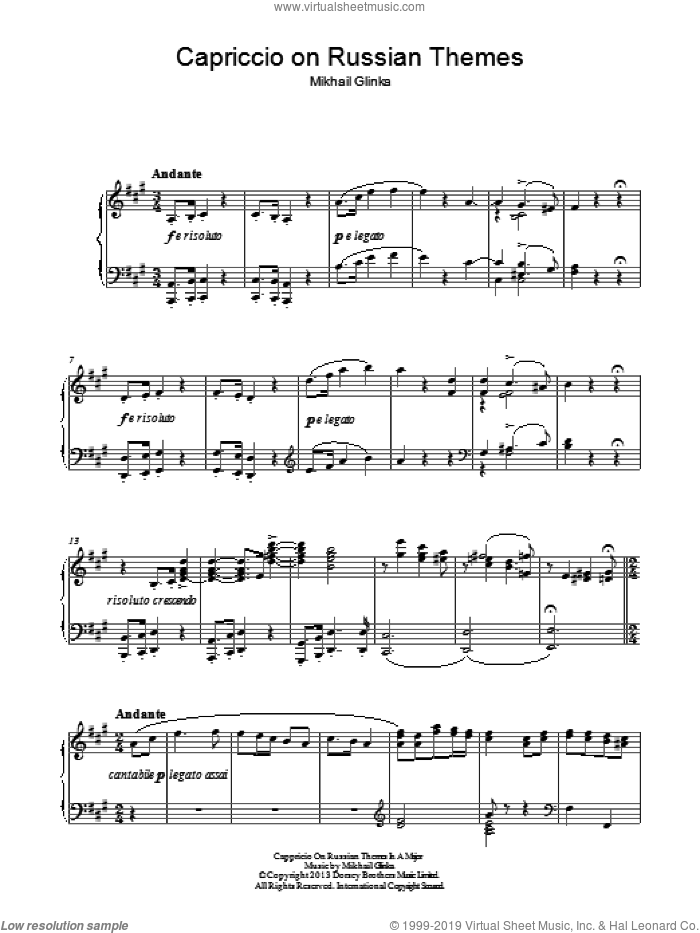 Cappricio On Russian Themes In A major sheet music for piano solo by Mikhail Glinka, classical score, intermediate skill level