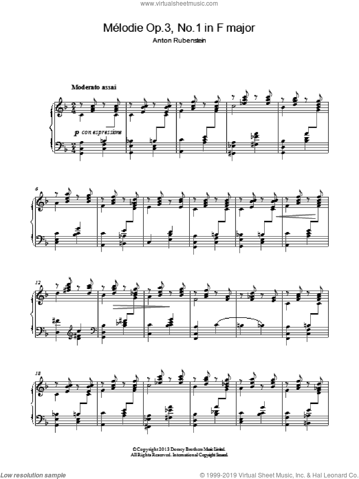 Melodie In F Major Op.3 No.1 sheet music for piano solo by Anton Rubenstein, classical score, intermediate skill level