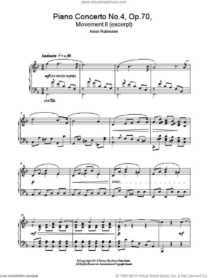Themes From 'Piano Concerto No.4 Op. 70 In D Minor' sheet music for piano solo by Anton Rubenstein, classical score, intermediate skill level