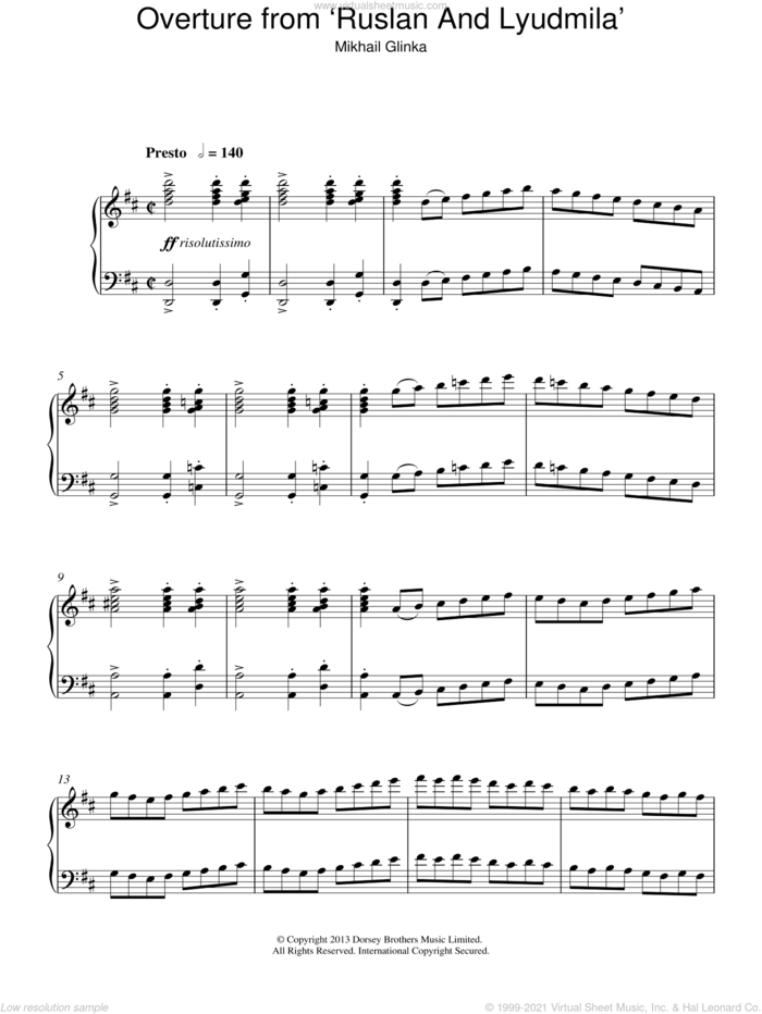 Overture from 'Ruslan And Ludmila' sheet music for piano solo by Mikhail Glinka, classical score, intermediate skill level