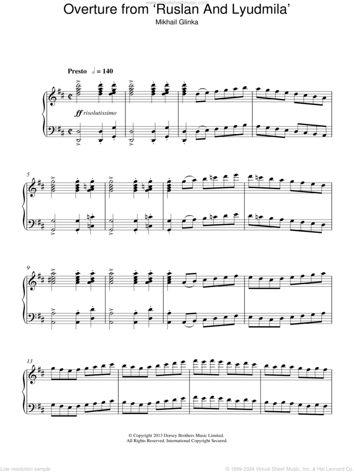 Overture from 'Ruslan And Ludmila' sheet music for piano solo by Mikhail Glinka, classical score, intermediate skill level