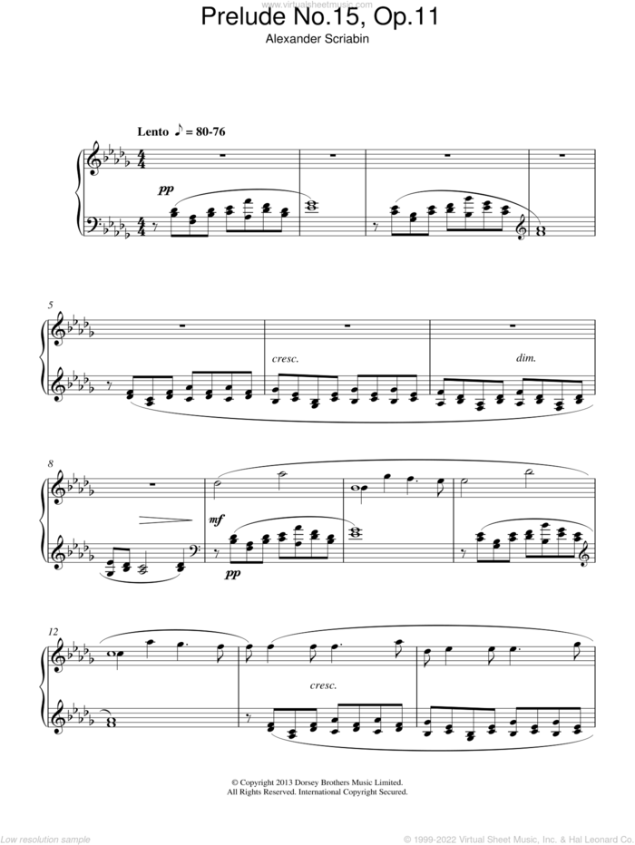 Prelude In D Flat Major No. 15 Op. 11 sheet music for piano solo by Alexander Scriabin, classical score, intermediate skill level